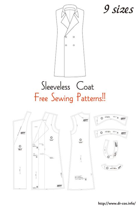 This is the pattern of a Sleeveless Coat. cm size(A4 size) Children's-100,120,140/Ladies'-S,M,L,LL/Men's-L,LL Trent Coat, Trench Coat Pattern, Sewing Coat, Apron Patterns, Japanese Sewing Patterns, Wrap Dress Pattern, Coat Pattern Sewing, Sleeveless Coat, Retro Apron