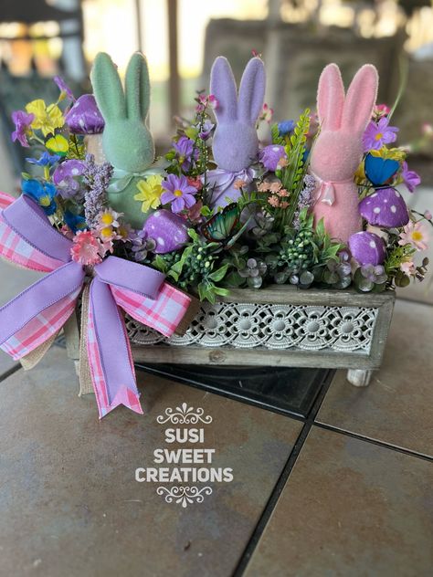 Flocked Easter Bunny Decor, Dollar Tree Easter Crafts 2024, Spring Mailbox Decor, Easter Flower Arrangements Centerpieces, Easter Craft For Preschool, Diy Spring Centerpieces, Easter Arrangements Centerpieces, Flocked Bunny Decor, Easter Candy Ideas