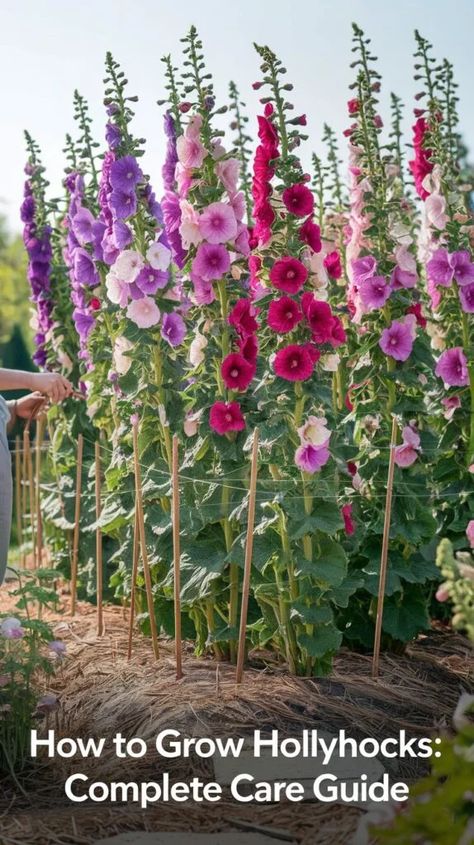 Hollyhocks How To Grow, Hollyhocks Garden, Growing Hollyhocks, Hobby Farm Ideas, Michigan Garden, Michigan Gardening, Hollyhocks Flowers, Flower Garden Plans, Arranging Flowers