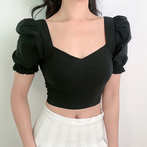 Basic Crop Tops, Collars For Women, Looks Chic, Solid Clothes, Crop Blouse, Black Top, Myanmar, Short Sleeve Top, Puff Sleeves