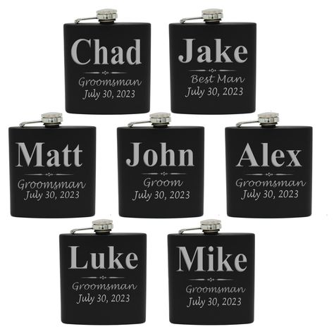 PRICES MAY VARY. FREE ENGRAVING - Customize with names, wedding roles and a date. And the price per flask automatically discounts the more you buy. Buy the flask only or choose the gift box option and it will come with a funnel, 4 shot glasses and a presentation box. SIZE - Holds 6oz of your favorite spirit and comes beautifully engraved in silver on your black matte flask GREAT GIFT - Perfect for the bachelor party or wedding day for the entire party. The groom, groomsmen, ushers, best man can Wedding Roles, Groom Gift, Flask, 1 2 3, All Black, Black, All Blacks