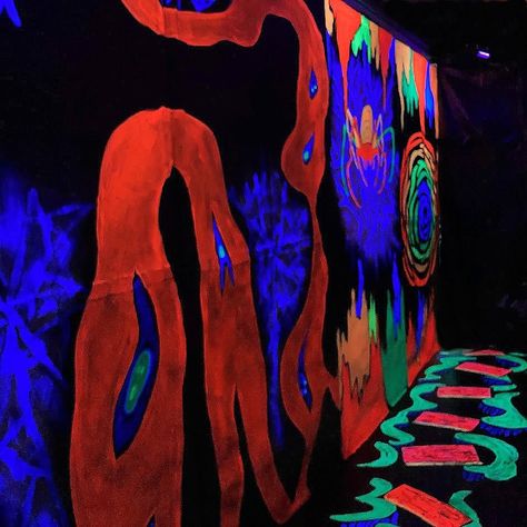 Trip or Treat! A peek into the 3D blacklight walk through for #bicycleday⁣ ⁣ ⁣ ⁣ ⁣ ⁣ ⁣ #evilvinescemetery #chromadepth #blacklight #uvpaint #psychedelic #homehaunt #halloweenhaunt #homehaunter #halloweendecorating #diyhalloween #halloweenfun #trickortreat #october31st #napahalloween Black Light Halloween Decor, Blacklight Halloween Decor, Blacklight Haunted House Ideas, Halloween Blacklight Room, Spooky Island Disco Skull, Blacklight Halloween, Napa Ca, April 19, Halloween Haunt