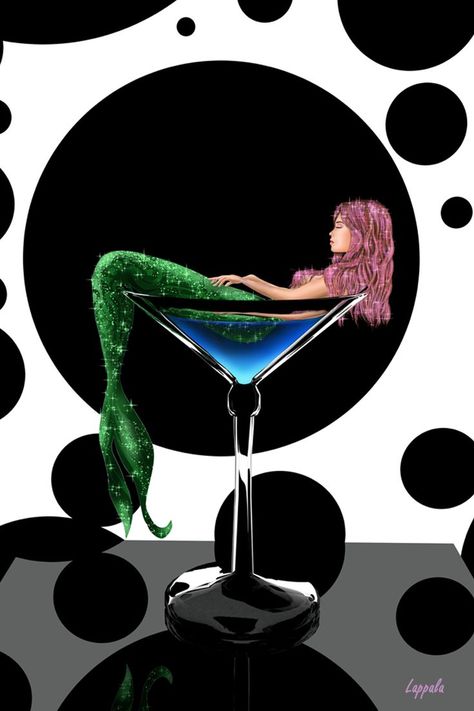 A retro painting of a mermaid in a martini glass. I wanted this to have a hybrid feeling of old and new. you can find this as a print or downloadable image at my website. Mermaid In Martini Glass Art, Martini Glass Art, Mermaid Martini, Displaying Artwork, Mermaid Images, Retro Painting, Paint Night, Beautiful Mermaids, Art Lesson