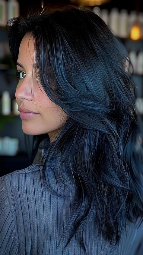 Blue Black Beauty: 24 Stunning Hair Ideas for a Stand-Out Look Blueblack Haircolor, Sapphire Blue Hair, Black Hair With Blue Highlights, Black Hair Ideas, Midnight Blue Hair, A Line Hair, Blue Black Hair Color, Lovely Hairstyles, Blue Hair Highlights