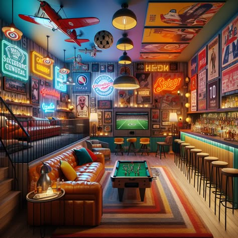 Step into a lively man cave with neon-lit ambiance, home theater, craft beer bar, and gaming corner. Sports memorabilia and vintage rock posters fill the walls, while plush rugs and model airplanes add unique charm. #ManCave #HomeBar #HomeTheater #GameRoom #VintageDecor #SportsMemorabilia Mancave Sports Theme, Vintage Rock Posters, Garage Bars, Garage Bar Ideas, Sports Bar Decor, Lofted Cabin, Gaming Corner, Best Man Caves, Small Man Cave