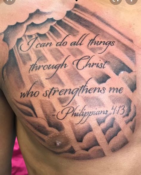 Chest Verse Tattoo, Men Back Arm Tattoo, You Can’t Break Me Tattoo, Chest God Tattoo, Left Peck Tattoo Men Ideas, Half Chest Tattoos For Men, Tattoo Ideas For Men Meaningful Chest, Single Chest Tattoo Men, Faith Chest Tattoo Men