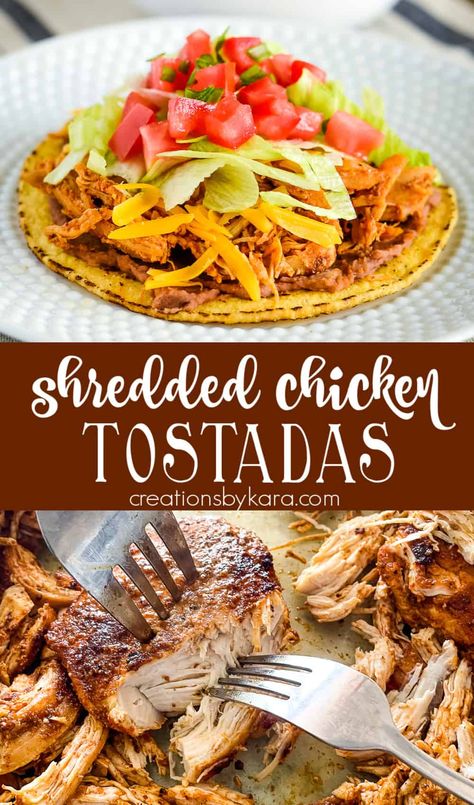 Looking for a quick and delicious dinner idea? Try these easy and flavorful CHICKEN TOSTADAS! With just a few simple ingredients, you can have a satisfying meal on the table in no time. #chickentostadas @Creations by Kara Chicken Tostada Recipes, Tostadas Recipe, Tostada Recipes, Chicken Tostadas, Magic Recipe, Dinner Idea, Family Favorite Meals, Delicious Dinner, Simple Recipes