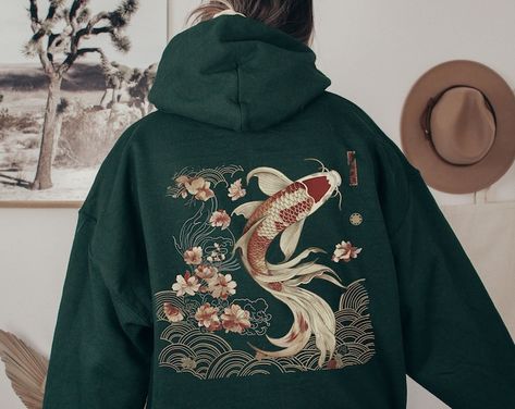 Trendy Vintage Streetwear Japanese Hoodie, Unisex Graphic Pullover Hoody, Back Print Minimalistic Design Koi Fish Hoodie, Koi Fish Clothes, Casual Hoodie Outfit, Koi Fish Shirt, Fish Hoodie, Japanese Harajuku Fashion, Tokyo Style, Japanese Hoodie, Japanese Koi Fish