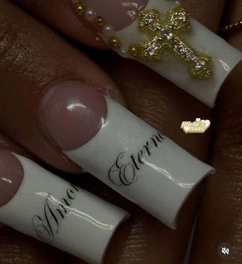 Cholo Nails, Religious Nails, Virgencita Nails, Rosary Nails, Jesus Nails, Cross Nail Designs, Cross Nails, Winter Nail, French Tip Nails