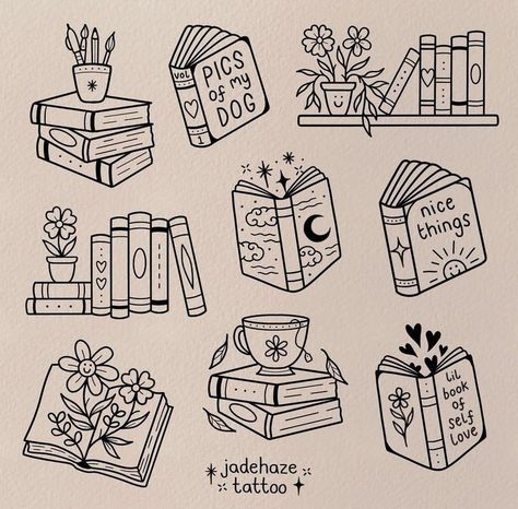 Ink Box Tattoo Ideas, Esoteric Doodles, Cottagecore Tattoos, Artsy Doodles, Filler Tattoo, Flash Sheets, Cute Little Tattoos, Book Tattoo, Bullet Journal Design Ideas