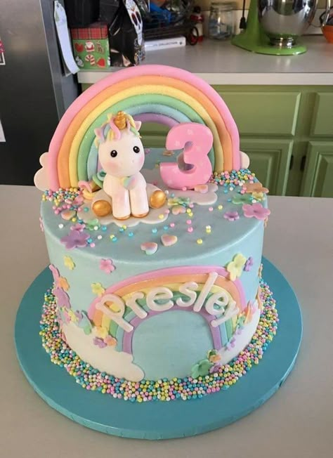 Cake Ideas Unicorn, 3 Unicorn Cake, Unicorn Cake Birthday Simple, Rainbow Cake With Unicorn, 3rd Year Birthday Cake, Unicorn Cake For 3rd Birthday, 3rd Birthday Cakes Girl, Unicorn Cakes Birthday, Unicorn Inspired Cake