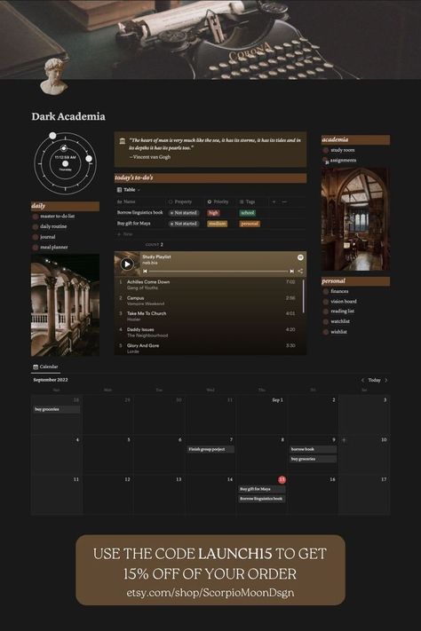 Dark Academia Notion Template, Life Planner for Notion Dark Academia Notion Template, Dark Academia Notion, Academia Notion, Presentation Folder Design, Room Organisation, Aesthetic Dark Academia, Presentation Design Template, Notion Template, Academic Planner
