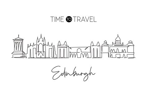 Scotland Tattoo, Skyline Tattoo, Skyline Drawing, World Landscape, Edinburgh City, City Silhouette, Travel Drawing, Continuous Line Drawing, Concept Home