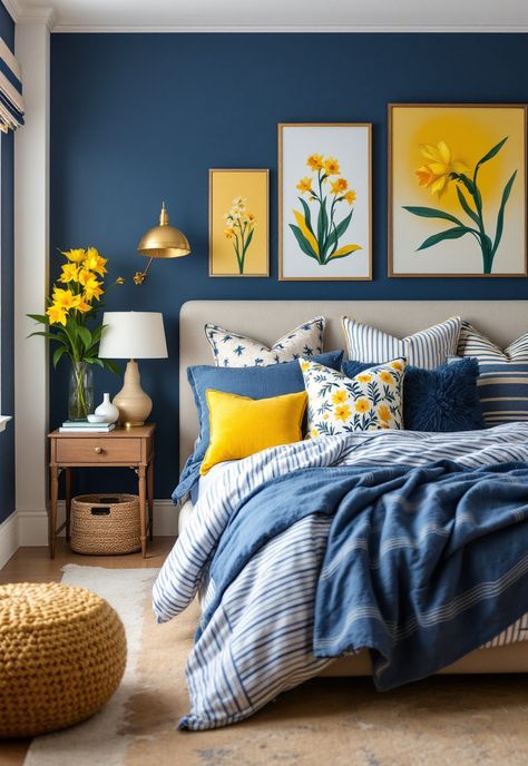 Blue and Yellow Boho Decor Yellow And Blue Bedroom Ideas, Yellow And Grey Room, Light Yellow Bedrooms, Blue And Yellow Bedroom, Colorful Bedrooms, Grey Room Decor, Boho Decor Ideas, Yellow Decor Living Room, Boho Mid Century Modern