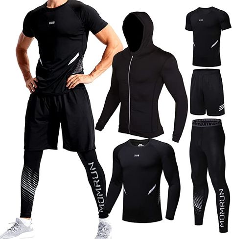 The set consists of 5 pieces: long sleeve shirt, running shorts, compression leggings, short sleeve shirt, and a jacket. These items are designed to provide extreme comfort with minimal weight, thanks to their ultra-soft and smooth materials. Long Sleeve Running Shirt, Compression Clothing, Fitness Outfits, Mens Compression, Short Sleeve Jacket, Layered T Shirt, Mens Workout Clothes, Workout Sets, Compression Shirt