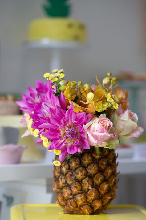 Pineapple Floral Arrangement from a Tutti Frutti Birthday Party via Kara's Party Ideas | KarasPartyIdeas.com (12) Salad Display, Fruit Salad Decoration, Tutti Frutti Birthday Party, Pineapple Centerpiece, Tutti Frutti Party, Birthday Party Decorations For Adults, Tropical Birthday Party, Flamingo Birthday Party, Luau Birthday Party