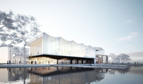 John Wardle Architects to design lakeside community centre | ArchitectureAU River Architecture Concept, Lake Restaurant Architecture, River Section Architecture, Waterfront Amphitheater, Sport Architecture, Lakeside Cafe, Aquatic Centre Architecture, John Wardle, Community Hub