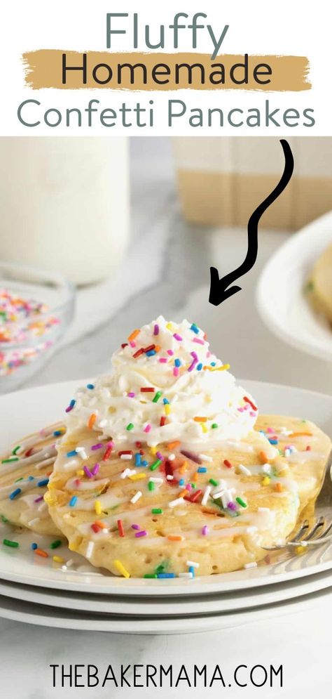 Fluffy homemade confetti pancakes are filled with colorful sprinkles then topped with a simple icing, whipped topping and even more sprinkles. These Confetti Pancakes are perfect for making any breakfast a celebration! Celebrate a special day or make an ordinary Saturday morning extraordinary with these fun and delicious Confetti Pancakes. Fluffy pancakes made with colorful rainbow sprinkles throughout, topped with ribbons of simple icing, whipped topping and even more sprinkles. Confetti Pancakes, Homemade Confetti, Fluffy Homemade Pancakes, Simple Icing, Homemade Pancakes Fluffy, Pancakes Fluffy, Easy Breakfast Smoothies, Breakfast Recipes Sweet, Baked Oatmeal Recipes