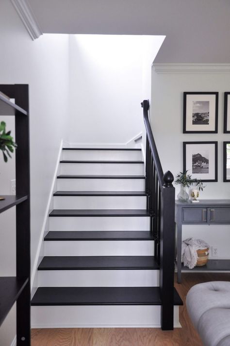 Staircase Remodel: What We Did and Would We Do It Again - FOXY OXIE Dark Stained Staircase, Black And White Stairs Modern, Dark Stairs Light Floors, Black Stained Stairs, White And Black Staircase, Black And White Steps, Tiled Hallways, Painted Wood Stairs, Black Painted Stairs