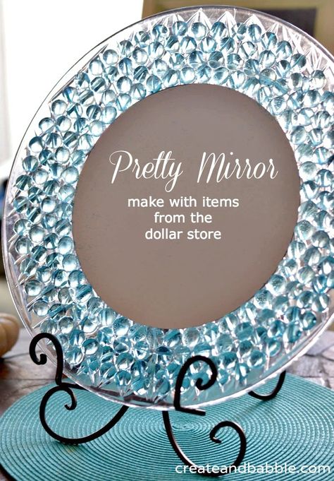 Glue transparent gems and a small round mirror onto a plastic charger plate to make a stained glass vanity mirror. Spiegel Diy, Pretty Mirror, Diy Home Decor For Apartments, Interior Vintage, Design Blogs, Cheap Crafts, Diy Simple, Dresser Mirror, Crafts To Make And Sell