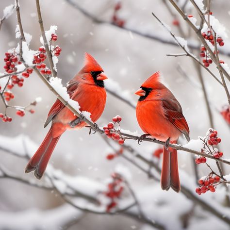 Winter Cardinals On A Berry Branch Free Stock Photo - Public Domain Pictures Winter Cardinal Photography, Cardinal Winter Scene, Photos Of Cardinal Birds, Photos Of Cardinals, Pictures Of Cardinals, Winter Reference Photo, Winter Scenes Photography, Cardinal Aesthetic, Winter Reference