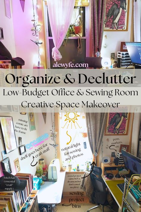 Our office was a disaster... now I love it! Come along while we reorganize our home office and craft room into a much more efficient and visually pleasing space. We've got ideas that will help you look at your own space in a new light, and work some organizational magic of your own. I’ve got tips and recommendations for how to clean, #declutter and improve your rooms too, plus some inexpensive products that helped organize my space! Dark Academia Sewing Room, Moody Craft Room, Noir Clothing, Art Work Space, Home Office And Craft Room, Enchanted Room, Clutter Core, Dramatic Aesthetic, Office And Craft Room