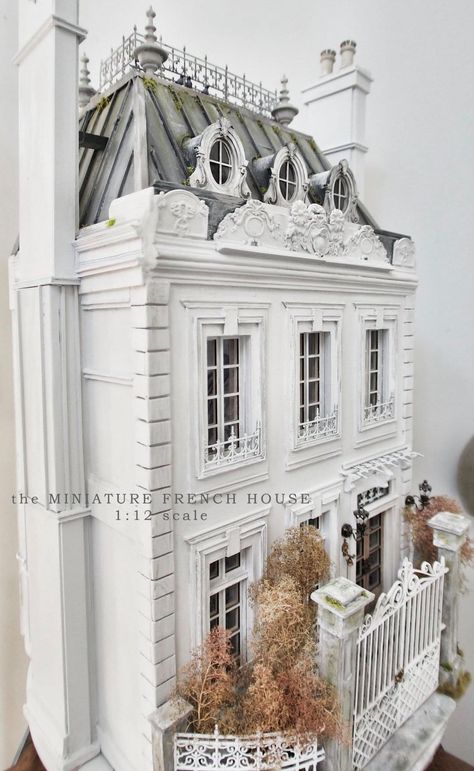 The Miniature French House... - The Miniature French House Mini House Plans, French Doll House, Dollhouse Cabinet, Paris Rooftops, Fishermans Cottage, French Exterior, Tiny Furniture, Doll House Plans, Cottage Exterior