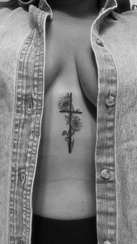 Floral Cross Sleeve Tattoo, Small But Cool Tattoos, Sunflower Calf Tattoos For Women, Cross Daisy Tattoo, Cross And Sunflower Tattoo, Flowers And Cross Tattoo, Cross With Sunflower Tattoo, Cross Sternum Tattoo Women, Cross Back Tattoo Women