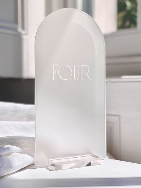 Frosted Wedding Signage, Frosted Acrylic Table Numbers, Modern Luxe Wedding, Arch Table Numbers, Winter Wedding Stationery, Acrylic Arch, Table Number Signs, Arch Table, Acrylic Table Numbers