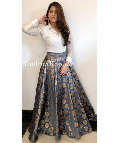 Shirt And Skirt Outfit Traditional, Skirt Shirt Indian Outfit, Long Skirt With Shirt Party Wear, Traditional Skirt And Top For Wedding, Shirt Skirt Outfit Indian, Kurti Lehnga Design, Skirt Top Indian Outfit, Long Skirt Outfits Indian, Traditional Skirt And Top