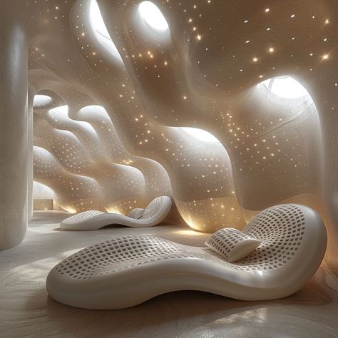 Science Fiction Interior Design, Futuristic Lounge Design, Dreamcore Architecture, Biomimicry Interior Design Concept, Water Core, Natural Futuristic Interior, Biomorphic Architecture, Sci Fi Palace Interior, Futuristic Home Design