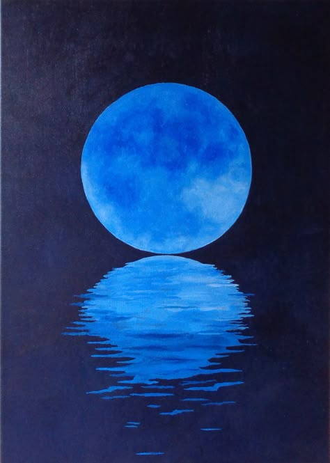 Paintings With Dark Blue Background, Blue Moon Painting Acrylic, Blue Art Painting Easy, Paintings With Blue Backgrounds, Abstract Moon Painting, Blue Painting Ideas Easy, Painting Ideas Blue, Blue Painting Ideas, Blue Moon Painting