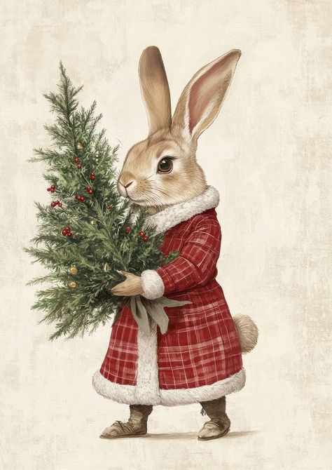 Christmas rabbit vintage animal tree. | free image by rawpixel.com / Ning Vintage Rabbit Painting, Christmas Rabbit Illustration, Christmas Vintage Illustration, Vintage Winter Illustration, Rabbits Pictures, Vintage Christmas Background, Christmas Illustration Vintage, Vintage Christmas Illustration, Peter Rabbit Christmas