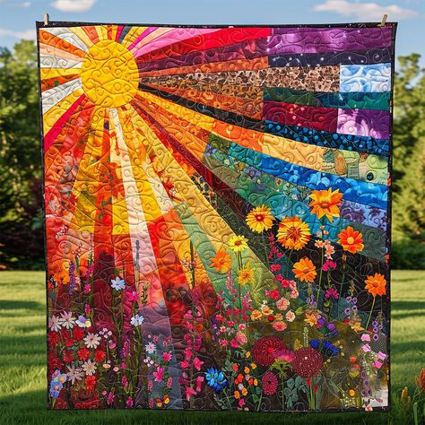 Sunshine Quilt Pattern Free, Sun Quilt Block Free Pattern, Sun Quilt Pattern, Sunflower Quilts Ideas, Quilted Wall Hangings Patterns Free, Landscape Quilts Ideas, Quilted Portraits, Angel Quilts, Sunburst Quilt