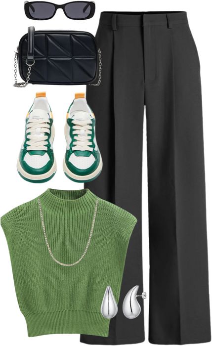 Classy Aesthetic Casual, Green Chic Outfit, Maximalist Office Outfit, Green Winter Outfits, Polyvore Outfits Classy, Filler Png, Polyvore Outfits Aesthetic, Classy Clothing, Gold Hoop Earring