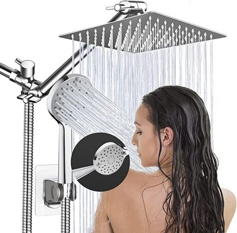 Shower Head,8”Rain Shower Head with Handheld Spray Combo with ON/OFF Pause Switch and 11'' Angle Adjustable Extension Arm/Flow Regulator,Shower Heads High Pressure Easy to Clean Bathtub,Chrome Removable Shower Head, Cleaning Shower Head, Bathroom Chrome, Shower Head With Handheld, Rain Shower System, Shower Head With Hose, Clean Bathtub, Clean Bathroom, Dual Shower Heads