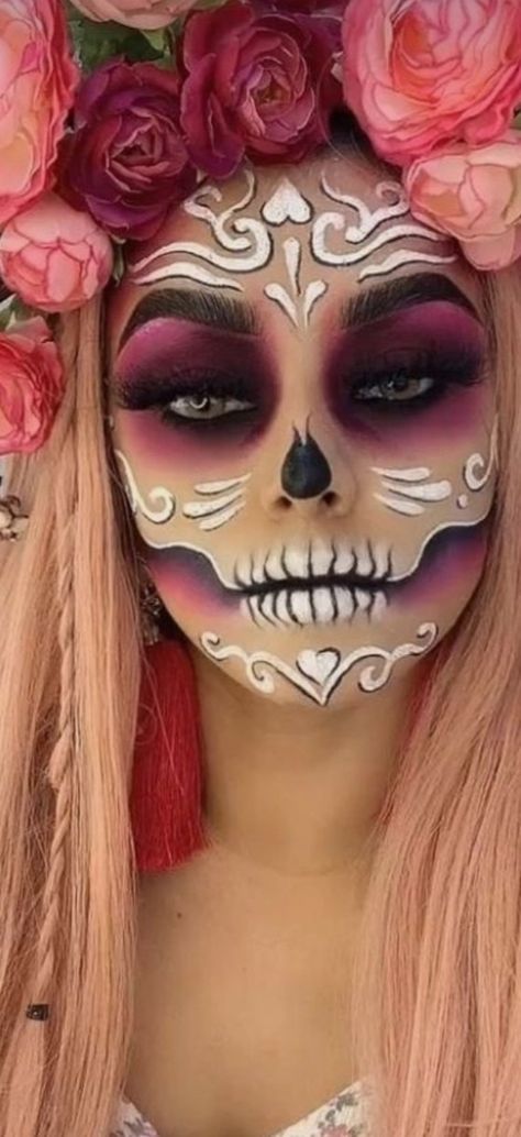 Top Half Skull Makeup, Glam Day Of The Dead Makeup, Purple Day Of The Dead Makeup, Skull Makeup Glam, Half Face Sugar Skull Makeup, Half Face Day Of The Dead Makeup, Sugar Skull Costume Ideas, Catrina Makeup Half Face, Pink Day Of The Dead Makeup