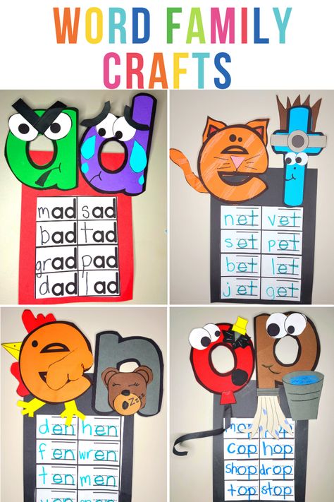 Students will master their short vowels with these word family anchor charts and crafts. Students have maximum engagement as they work together with you to build the letters, make the words, and then recreate it themselves. Become and word work master with this “I do, we do, you do!” proven way to teach! The letters come to life as a cat, ram, can, vet, pet, bug, a fish that is fed, and so much more! At Word Family Anchor Chart, Word Families Anchor Chart, Word Family Anchor Charts Kindergarten, Word Family Anchor Charts, Word Family Crafts For Kindergarten, Family Craft Activities, Vowels Kindergarten, Phonics Crafts, Literacy Groups