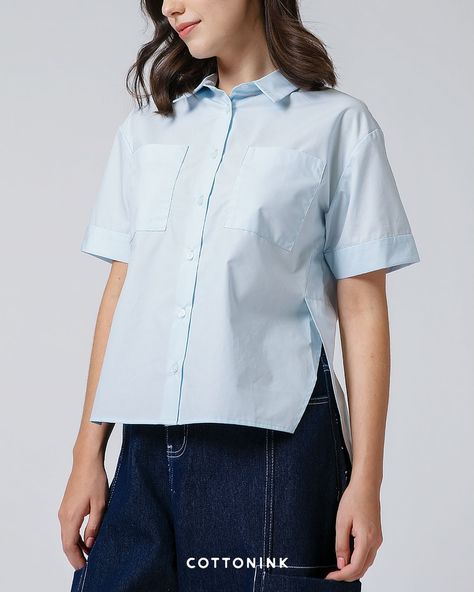 Casual Light Blue Embroidered Shirt, Light Blue Collared Casual T-shirt, Light Blue Shirt Outfit, Light Blue Embroidered Cotton Shirt, Light Blue Cotton T-shirt, Playful Light Blue T-shirt, Utility Shirt, Instagram Cool, Light Blue Shirts