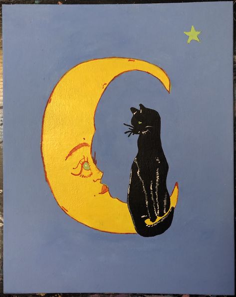 Cute Moon Aesthetic, Cat Painting Easy Simple, Funky Acrylic Painting Ideas, Cartoon Moon Aesthetic, Sun And The Moon, Sitting On Moon, Painting Ideas On Canvas Moon, The Moon Drawing, Sitting On The Moon