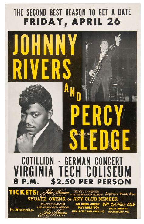 Hake's - JOHNNY RIVERS & PERCY SLEDGE CONCERT POSTER. Music Garage, Bath Artwork, Axis Bold As Love, Concert Promotion, Playroom Artwork, Percy Sledge, Johnny Rivers, Blacksburg Virginia, Cool Home Decor