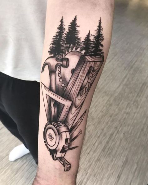 30 Pretty Carpenter Tattoos You Will Love#tattoo #tattooequipment #tattoomachine Woodworking Tattoo Ideas, Welder Tattoo, Hammer Tattoo, Collage Tattoo, Tattoos For Dad Memorial, Tattoo Ideas Males, Tool Tattoo, Cool Tattoo Drawings