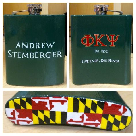 Frat Flask Painted, Painted Flask Fraternity, Fraternity Flask Painted, Formal Cooler Ideas Fraternity, Phi Psi Frat Cooler, Fraternity Formal Cooler, Cooler Painting Fraternity, Fraternity Flask, Painted Flask