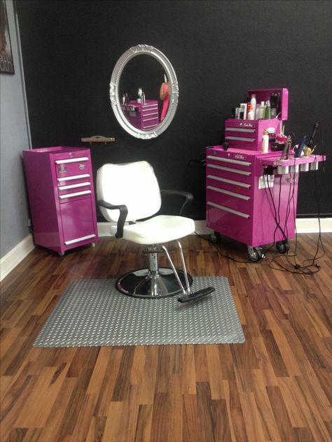 Kadillac Barbies Salon and Spa, The Original Pink Box, Pink Tool Box, Route 66 Salon Salon Themes Interior Design, Salon Goals, Pink Tool Box, Small Salon, Hair Stations, Home Hair Salons, Home Beauty Salon, Pink Tools, Hair Salon Design