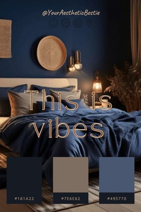 Navy Blue And Cognac Bedroom, Blue Palette Bedroom, Dark Blue And Tan Bedroom, Dark Blue Bedroom Color Scheme, Navy Blue Earthy Bedroom, Bedroom Inspirations Master Color Schemes Navy Blue, Neutral Blue Bedroom Ideas, Bedroom Color Schemes Relaxing Blue, Navy Blue Color Palette Colour Schemes Master Bedrooms