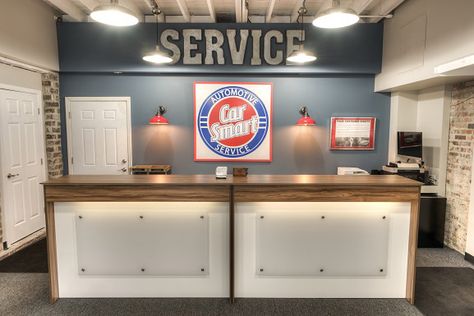 I like the "SERVICE" letters above the stations Auto Shop Decor, Automotive Waiting Room Ideas, Auto Repair Shop Reception Areas, Mechanic Office Decor, Auto Shop Lobby Ideas, Auto Repair Shop Design Waiting Rooms, Automotive Office Ideas, Mechanic Shop Office Ideas, Auto Body Shop Office Ideas