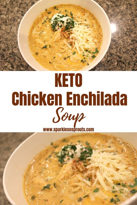 KETO Chicken Enchilada Soup is the perfect for dinner tonight.  It comes together in 30 minutes and it loaded with tons of flavor... trust me this will be a favorite for sure! . It is also KETO/Low Carb friendly!! . . #keto #lowcarb #soup #chicken #enchialda #sparklesnsprouts #recipe Keto Chicken Enchilada Soup, Zoodle Casserole, Keto Tuna, Soup Keto, Chicken Tonight, Chicken Enchilada Soup, Enchilada Soup, Resep Diet, Perfect Chicken