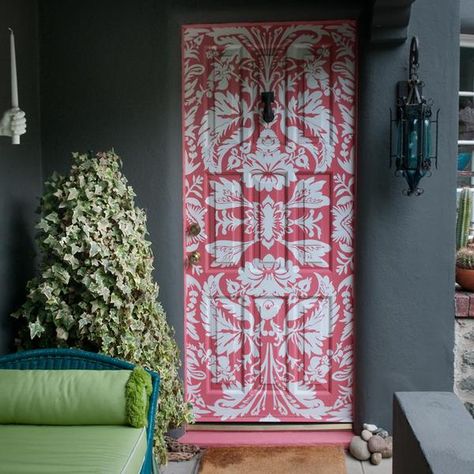 Image: Allison Cosmos Stenciled Doors, Pink Front Door, Front Door Inspiration, Pink Door, Door Inspiration, Cool Doors, Casa Exterior, Front Door Design, White Doors