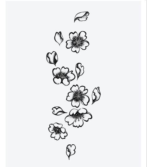 Flower Opening Tattoo, Petal Tattoos Falling, Stages Of Flower Blooming Tattoo, Falling Flowers Tattoo, Cherry Blossom Tattoo Black And White, Petals Tattoo, Flower Tattoo Stencils, Japanese Flower Tattoo, Flower Pedals