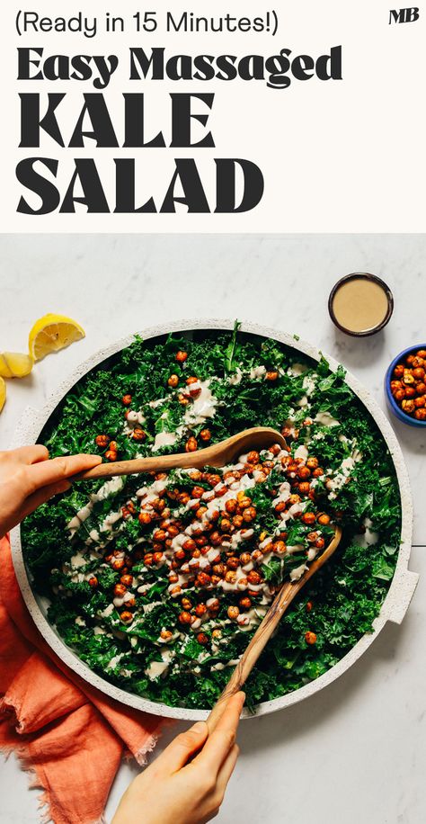 Everything you need to know about massaged kale salads, plus a delicious, fast, and easy recipe for our go-to kale salad with tahini dressing! 15 minutes, 6 ingredients required. Grillable Veggie Burger, Warm Kale Salad, How To Make Tahini, Salad With Tahini Dressing, Kale Salads, Potato Lasagna, Massaged Kale Salad, Vegan Caesar Salad, Massaged Kale